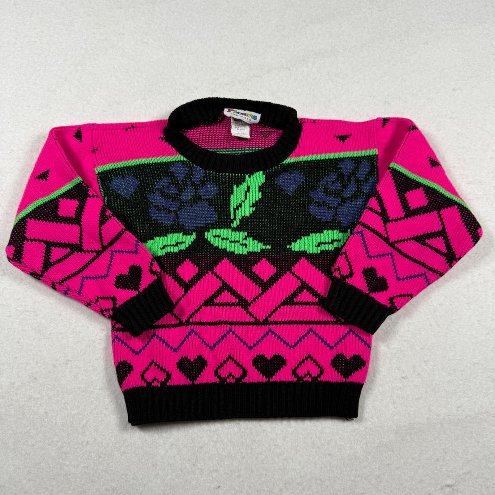 Vintage Picamo Kids Pink Neon Geometric Rose Heart Knit Sweater Size 5/6 USA